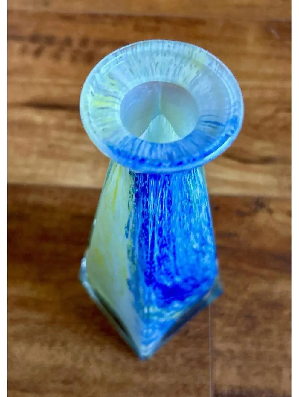 Murano Style Triangle Pyramid Bud Vase Blue / Green Swirl Multicolored